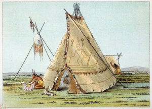 Indianen van Amerika: Tipi van de Crows stam met stekels van stekelvarkens. Illustratie door George Catlin door George Catlin