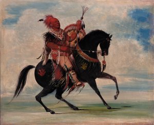 Kee-o-kúk, de waakzame vos, stamhoofd, te paard door George Catlin