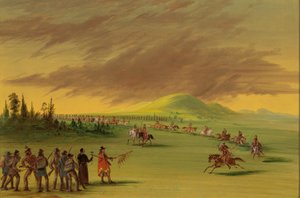 La Salle ontmoet een oorlogsgroep van Cenis-indianen op een Texaanse prairie. 25 april 1686, 1847-1848 door George Catlin