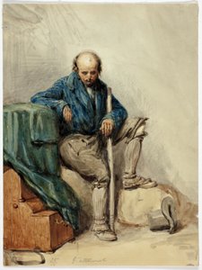 Kale man zittend op bezittingen (recto); dame in gele jurk (verso)