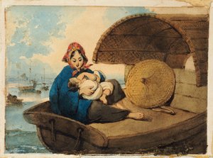 Een Tanka Vrouw met haar Kind op een Boot