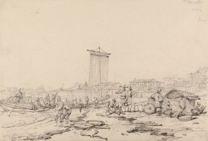 Kustscène met vissers en gebouwen, Macao door George Chinnery