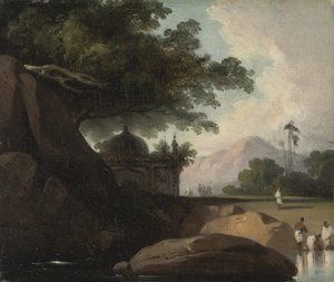 Indiaas landschap met tempel door George Chinnery