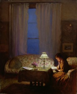 Lezen bij lamplicht (schemering: interieur) door George Clausen