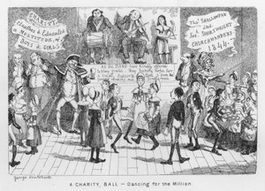 Een liefdadigheidsbal, Dansen voor de Miljoen (gravure) door George Cruikshank