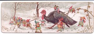 Een Victoriaanse kerstkaart van een groep kwaadaardige elfen die een gevangen kalkoen leiden, c.1895 door George Cruikshank