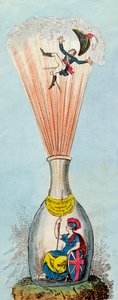 Britannia blaast de Corsicaanse flesgoochelaar op - 1803 - Britse satirici vielen voortdurend de legitimiteit van het Napoleontische regime aan - door George Cruikshank