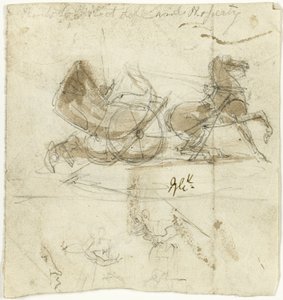 Karikatuur van zichzelf (recto); Cabine gegooid door een paard, met andere schetsen (verso)