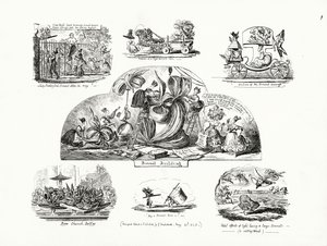 Cartoons door George Cruikshank over het thema van buitenproportionele dameshoeden door George Cruikshank