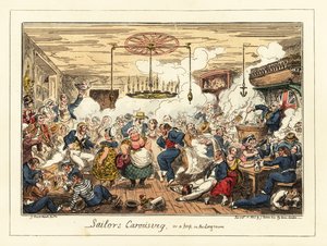 Engelse matrozen drinken en dansen in een kroeg, Napoleontische tijd, 1829 (lithografie)
