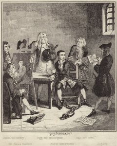 Jack Sheppard laat zijn portret schilderen door Sir James Thornhill in de gevangenis door George Cruikshank