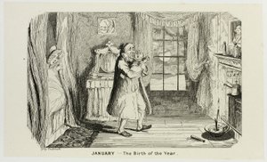 Januari - De geboorte van het jaar uit de Steel Etchings van George Cruikshank in The Comic Almanacks: 1835-1853
