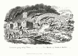 Londen gaat de stad uit, of de mars van bakstenen en mortel (gravure) door George Cruikshank
