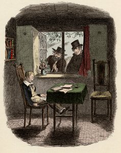 Monks en Fagin observeren Oliver die slaapt in de Maylie-bibliotheek - Monks en de Jood - Illustratie voor 