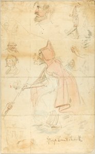 Moeder Shipton (recto); Blad met schetsen: Fleur-de-Lis en figuren (verso) door George Cruikshank