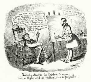 Niemand wil dat de Schilder hem zo lelijk en belachelijk mogelijk maakt (gravure)