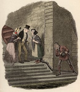 Noah Claypole bespioneert de geheime afspraak tussen Mr. Brownlow, Rose Maylie en Nancy - De ontmoeting - Illustratie voor 