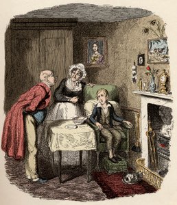 Oliver wordt opgevangen en verzorgd door Mr. Brownlow en zijn huishoudster Mrs. Bedwin (illustratie voor 