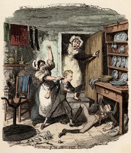 Oliver verzamelt moed - Illustratie voor "Oliver Twist" (De avonturen van Oliver Twist) door Charles Dickens (1812-1870), door George Cruikshank (1792-1878) door George Cruikshank