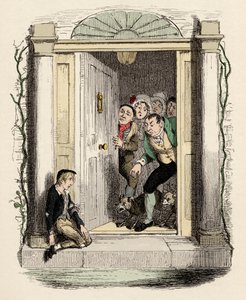 Oliver gewond en uitgeput vraagt om hulp - Oliver Twist bij de deur van mevrouw Maylie - Illustratie voor 