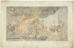 Mensen op de vlucht voor een brandend gebouw door George Cruikshank