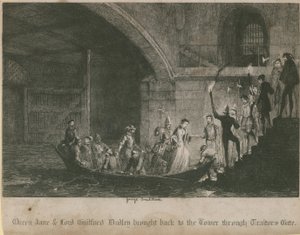 Koningin Jane en Lord Guilford Dudley teruggebracht naar de Toren door Verraderspoort door George Cruikshank