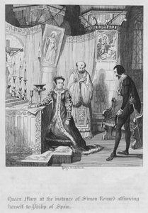 Koningin Mary verlooft zich met Filips van Spanje op aandringen van Simon Renard door George Cruikshank