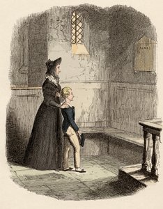 Rose Maylie en Oliver voor de gedenkplaat van Agnes, hun zus en moeder - Rose Maylie en Oliver - Illustratie voor 