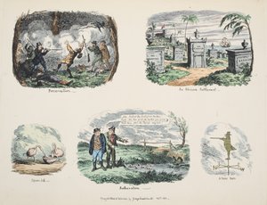 Scraps and Sketches: Behoud, Een Afrikaanse nederzetting, Lepelaar, Botheration, Een ijdele man, gepubliceerd 1831 door George Cruikshank