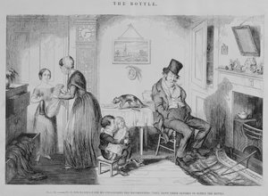 De Fles, Plaat II, Hij wordt ontslagen wegens dronkenschap: ze verpanden hun kleren om de fles te vullen, 1847 door George Cruikshank