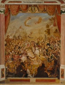 Het eerste optreden van William Shakespeare (1564-1616) op het podium van de Globe met een deel van zijn dramatische gezelschap in 1564 door George Cruikshank