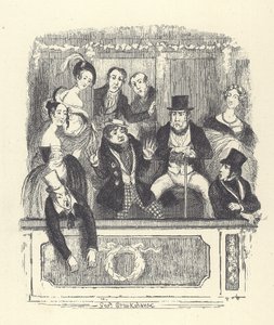 Victoriaanse theaterbezoekers dringen samen in een loge in een Londens theater (gravure) door George Cruikshank