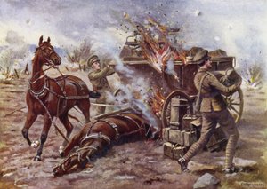Acting Bombardier H A Creasey helpt een brandende munitiewagen te lossen onder zeer zwaar granaatvuur, Potijze, nabij Ieper, 25 april 1915