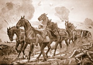Lance-Corporal Holmes neemt de plaats in van een gewonde bestuurder en helpt bij het uit actie halen van een kanon onder zwaar vuur door George Derville Rowlandson