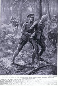 Soldaat B R Shiel bekroond met DCM voor het vangen van een Duitse patrouilleur in België april 1915 door George Derville Rowlandson