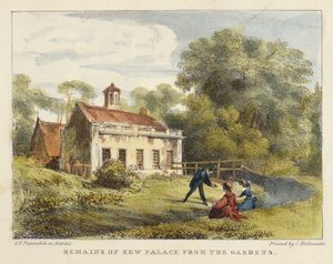 Restanten van Kew Palace vanuit de Tuinen, plaat 6 uit Kew Gardens: Een Serie van Vierentwintig Tekeningen op Steen, gegraveerd door Charles Hullmandel (1789-1850) gepubliceerd 1820