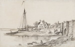 Bourne Bridge en Ostrich Creek bij de rivier Orwell, met pub 