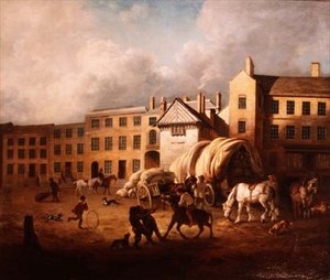 18e-eeuwse stadsscène met figuren en paarden in een erf