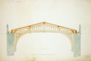 New College Oxford: Ontwerp voor nieuwe dak van de hal door George Gilbert Scott