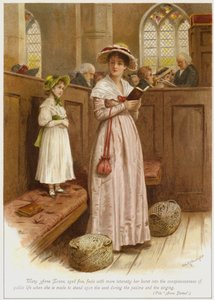 Mary Anne Evans, vijf jaar oud, voelt met meer intensiteit haar doorbraak in het publieke leven wanneer ze tijdens de psalmen en het zingen op de stoel moet staan door George Goodwin Kilburne
