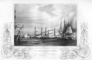 Het bombardement van Odessa, Oekraïne, tijdens de Krimoorlog, 1854 1857 door George Greatbatch