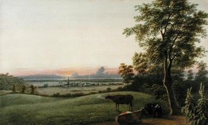 Zonsopgang - Flatbush en de Oceaan vanaf de Greenwood Cemetery, Long Island, New York, c.1830-40