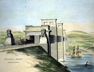 Britannia Brug, Anglesey Ingang, gegraveerd door de kunstenaar, uitgegeven 1849