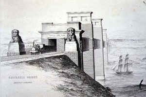 Britannia Bridge, Anglesey Entrance, gegraveerd door de kunstenaar, uitgegeven 1849 door George Hawkins
