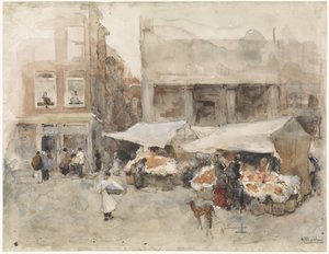 Markt met bloemenstalletjes door George Hendrik Breitner
