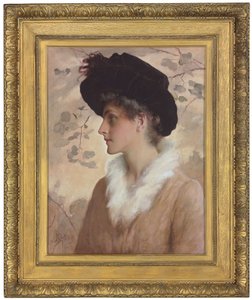 Portret van een dame, halve lengte, met een zwarte hoed en bontstola, 1888 door George Henry Boughton