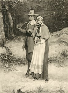 Puriteins echtpaar op weg naar de zondagse eredienst, gegraveerd door Thomas Gold Appleton, 1885