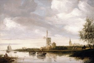 Een Rivierlandschap met Aken en Zeilboten en een Kerk in de Verte