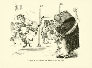 De voet van de panter drukte de neus van de wolf plat (litho)