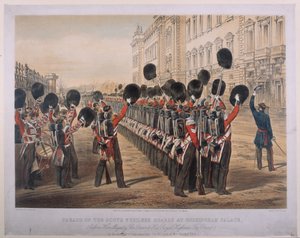 Parade van de Scots Fusilier Guards bij Buckingham Palace op de ochtend van hun vertrek naar het oorlogsgebied, 2 maart 1854, gegraveerd door E. Walker, uitgegeven door Colnaghi und Co., 1854 door George Housman Thomas